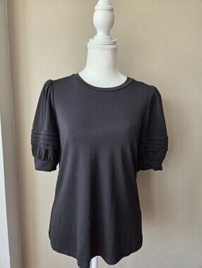 Elie Tahari Elie Black Puff Sleeve Knit Top Short Sleeve Stretch Blouse M